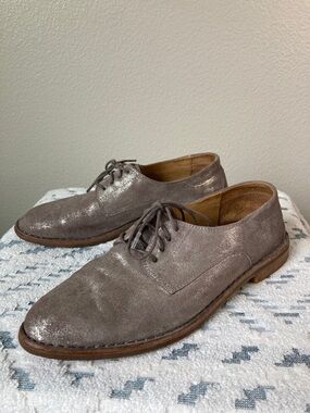 Trask Ana Metallic Suede Loafers Lace up Oxfords Derby Pewter Shimmery sz 9.5 M